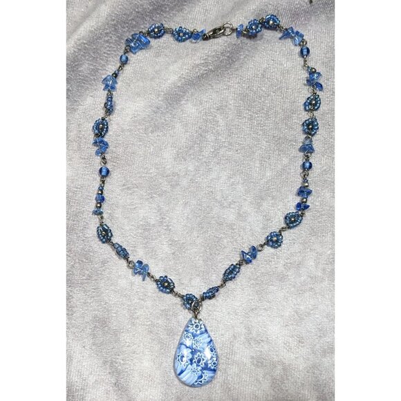 Handmade Blue Millefiori Glass Teardrop Pendant Necklace - Picture 5 of 5